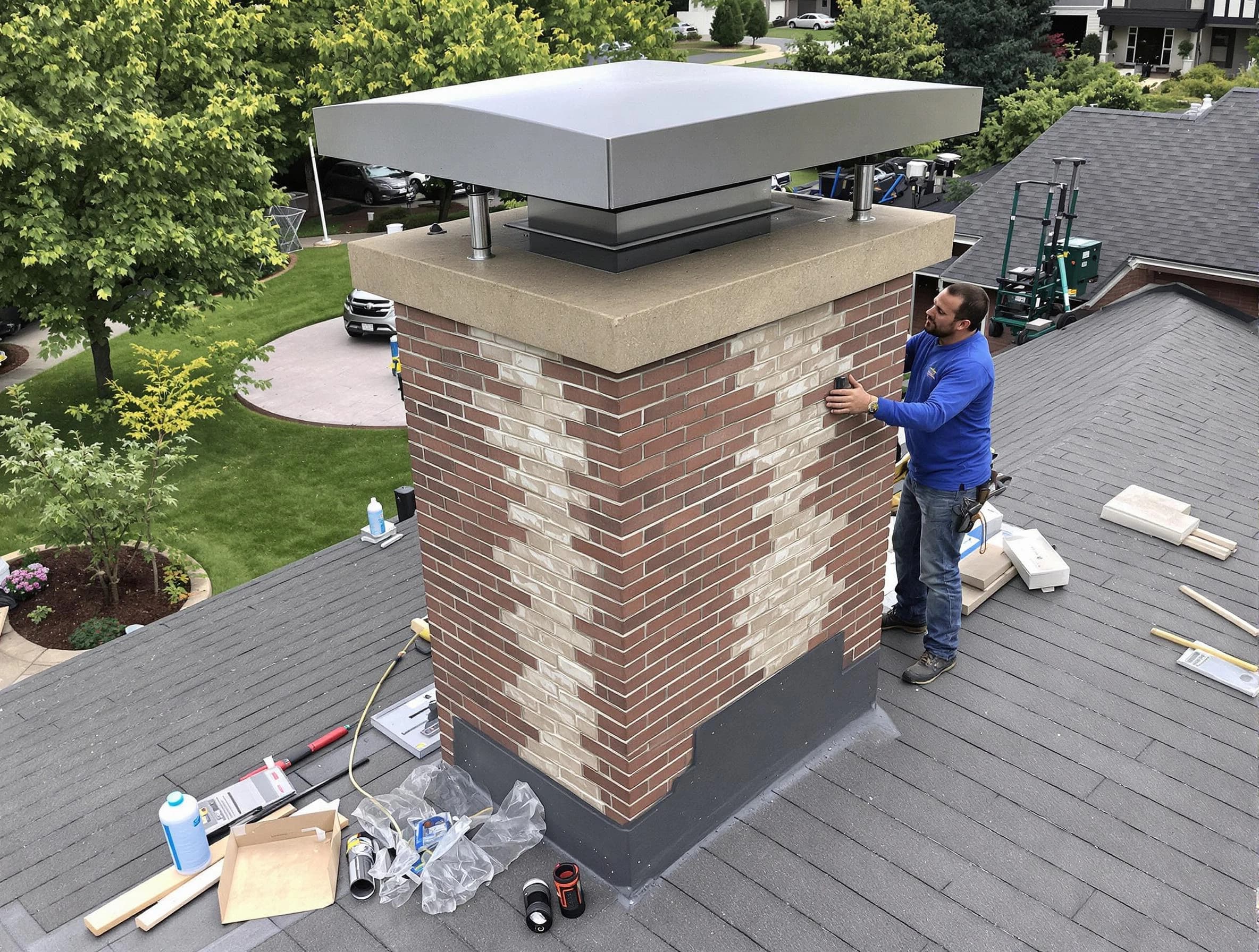 Taunton Chimney Sweep team working on a custom chimney remodel in Taunton, MA
